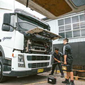 Daniel and Harisson doing servicing of a truck that is part of the Micway fleet serviced by Daniels Automotive