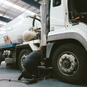 A heavy vehicle being checked for defects at Daniels Automotive