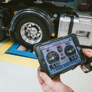 Device showing results of a brake shaker test at Daniels Automotive workshop